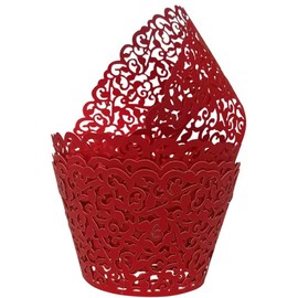 Cupcake Wrappers 50pcs Lace Hollow Out Cupcake Liners Laser Cut Cupcake Papers Cupcake Muffin Cups for Wedding/Birthday Party Decoration (Red)