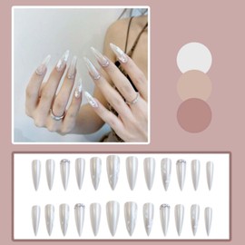 Gifiky Long Stiletto Press on Nails Nude Fake Nails Cute Nails Tips Full Cover Crystal Gem Design False Nails for Women and Girls 24Pcs