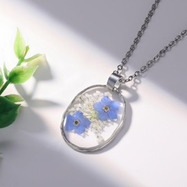 Vergiss-mich-nicht oval Anhänger gepresst Blume Halskette | Vergiss-mich-nicht Schmuck | Vergiss-mich-nicht Halskette | Personalisierte handgefertigte Halsketten für Frauen | 45cm