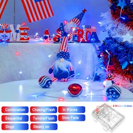 JMEXSUSS 2 Pack Red White and Blue Lights Outdoor, 33ft 100 LED 4th of July Lights Battery Operated, 8 Modes Patriotic Decorations Lights for Indoor Outside Independence Day American Flag Holiday