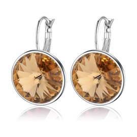 Austrian Crystal Round Drop Leverback Earrings for Women 14K Gold Plated Hypoallergenic Hoop Earrings (Yellow)