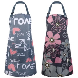 Larrel Pack of 2 Flower Aprons with Pocket, Women's Apron, Adjustable Apron, Waterproof Cooking Aprons, Kitchen Apron with Large Pockets for Kitchen, Garden and Salon, BBQ Apron, Flowers Smock Apron