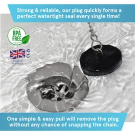 Smith’s® (38.5mm-40mm) Black Plug & Chain - Bathtub, Bathroom, & Kitchen Sink Plug | 48cm Strong Stainless Steel Ball Chain With S-Hooks | Comes Pre-Assembled