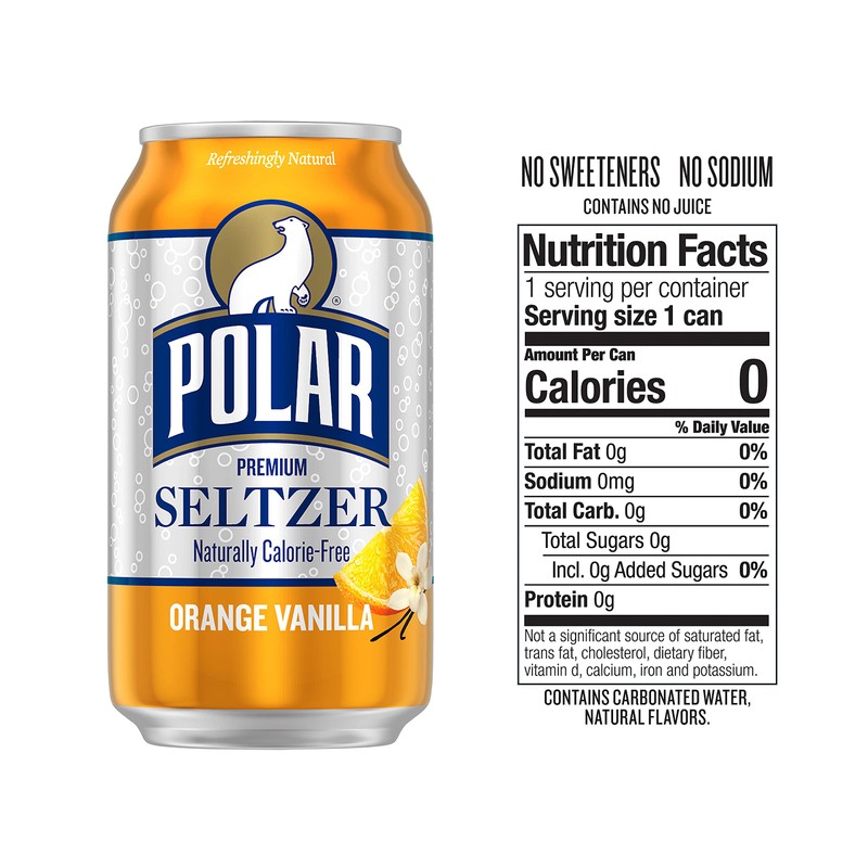 Polar Seltzer Water Orange Vanilla, 12 fl oz cans, 24