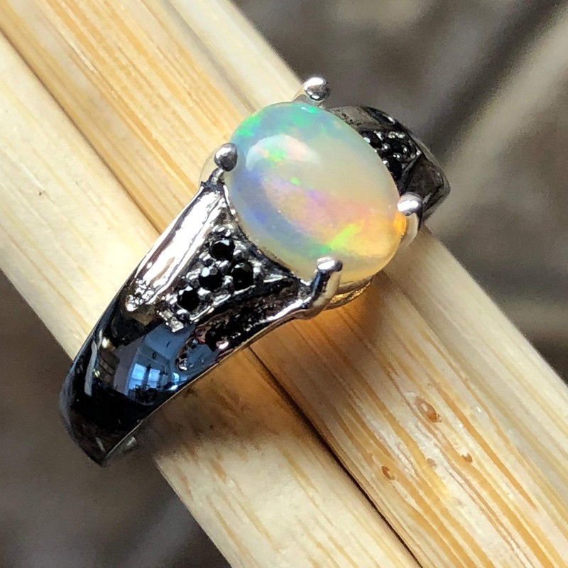 Genuine Ethiopian Opal Cabochan, Black Spinel 925 Solid Sterling Silver