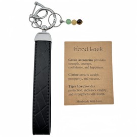 Maiduoduo Natural Crystals Gift for New Beginnings Women's Leather Wristband Keychain Crystal Leather Keychain for Good Luck (Good Luck, Black, Short)