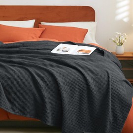 PHF 100% Cotton Waffle Weave Blanket Queen Size 90"x90" - Lightweight Washed Soft Breathable - Perfect Layer for Couch Bed Sofa - Elegant Home Decoration Gift - Black