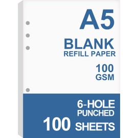 A5 Blank Refills Paper for Filofax Planner/Binders, 100 Sheets/200 Pages, 100gsm White Paper, 6 Hole Loose Leaf Paper, 14.8x21cm