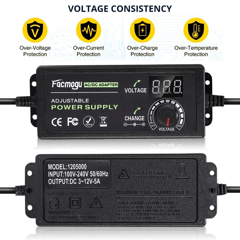 Facmogu 3V-12V 5A 60W Adjustable Power Supply with LED Display,