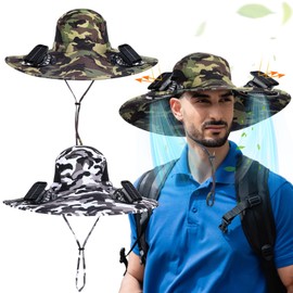 Shinymoon 2 Pcs Wide Brim Outdoor Solar Fan Fishing Hat Men Sun Hat with 2 Solar Fan Solar&USB Charging Breathable Waterproof Sunscreen Hat with Fan for Summer Fishing Hiking Camping Beach, Camo