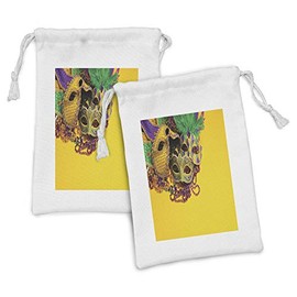 Ambesonne Mardi Gras Fabric Pouch Set of 2, Colorful Group of Venetian Carnivals Accessories, Small Drawstring Bag for Toiletries Masks and Favors, 9" x 6", Yellow Purple Green