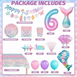 Mermaid Party Tableware Set, Mermaid Birthday Decoration 6 Years, Birthday Party Tableware, Paper Plates, Children's Birthday Decoration with Balloons for Birthday Decoration, Girls 6 Years