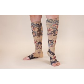 Lymphedivas Cherry Blossom Beige Medical Graduated Compression Socks for Women for Swelling in the Legs and Feet 15-20mmHg (Long Closed-Toe Large)