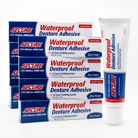 Secure Secure Waterproof Denture Adhesive - Zinc Free - Extra Strong Hold For Upper, Lower or Partials - 1.4 oz (Pack of 8)