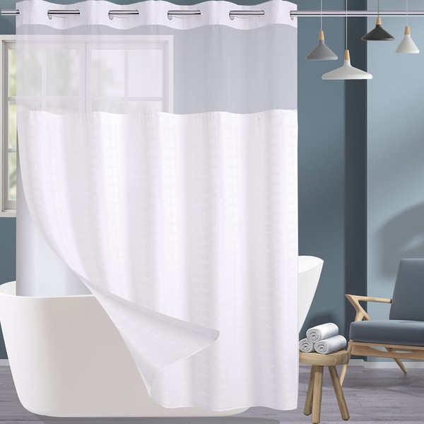 Conbo Mio Hotel Style Fabric Shower Curtain Set No Hook Required with Snap in Liner for Bathroom with See Through Window, Spa, Machine Washable Shower Curtain (Grid-White，71"(W) x 74"(H))