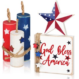 Amyhill 5 Pcs 4th of July Table Decorations Patriotic Table Centerpieces Rustic Independence Day Wood Firework Signs Tiered Tray Decor Rustic God Bless America Decor (Star)
