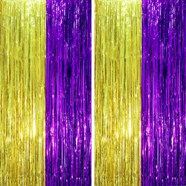 Voircoloria 2 Pack Purple and Gold Foil Fringe Backdrop Curtains, Tinsel Streamers Party Decorations, Fringe Backdrop, Door Shimmer for Graduation or Birthday Party