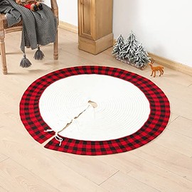 Azuki Christmas Tree Skirt, 48 Inch Red and Plaid Rustic Knit Xmas Tree Skirt with Reindeer and Snowflake for Indoor Holiday Party Christmas Tree Decoration,Plaid