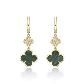 Lavari Jewelers Elegant Flower Drop Earrings for Women - Green Malachite & Cubic Zirconia in 925 Sterling Silver Clover Dangle Earrings - Hypoallergenic Yellow Gold Plated - Secure Hinge Post