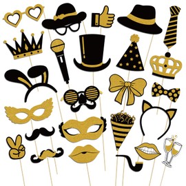 Kaluofan 25 PCS Black and Gold Party Decorations, Photobooth Party Props