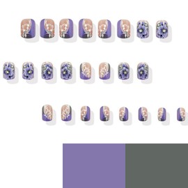 Purple Flower Press on Nails Short Square Fake Nails with Stripe Floral Rhinestones Designs Spring French Tip False Nails Full Cover Acrylic Glue on Nails Stick on Nails for Women 24 Pcs