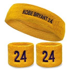 COUVER Basketball Star Golden Yellow Standard Headband / 4" Wristbands Set with Purple(Like LA Laker Purple) Number 24