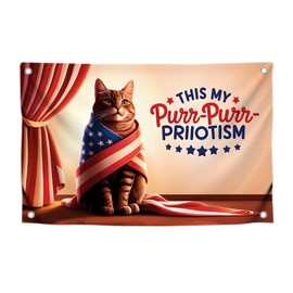 3x5 Feet Cool Cat with American Flag and Quote "This My Purr - Purr - Priiotism" with Four Brass Grommets - Single Sided Funny Flags for Dorm Room College - Polyester Wall Tapestry with Animal