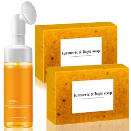 Beamach Turmeric Facial Cleanser Set - Foaming Facial Cleanser +Lemon Turmeric Soap, Turmeric Foaming Face Wash Turmeric Facial Wash Deep Cleaning for All Skin (1*Facial Cleanser+2*Turmeric Soap)