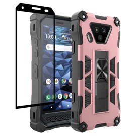 YOOBSTAR Case for Kyocera DuraForce Ultra 5G,DuraForce UW E7110 w/Tempered Glass Screen Protector(Full Cover), Shockproof Heavy Duty Dual Layer, Kickstand Holder,Work with Car Mount Rose Gold Black