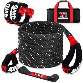 TYT Kinetic Recovery Rope,(1in x 30ft Red) 48000lbs Snatch Strap, Heavy Duty Stretch Nylon Towing Ropes with 2pcs Soft Shackles - Color: 1"x30FT(Black)+2 Soft Shackles