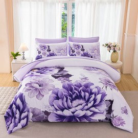 ZSYAYAHA Full Size Floral Bedding Comforter Set 7-Piece Purple Peony Bed in A Bag Soft Cozy Flower Comforter Sets for Women Adults