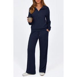 BTFBM Womens 2 Piece Sweatsuits Set Long Sleeve Half Zip Pullover Sweatshirt Wide Leg Sweatpants Fall Outfits Tracksuit(Solid Navy,Medium)