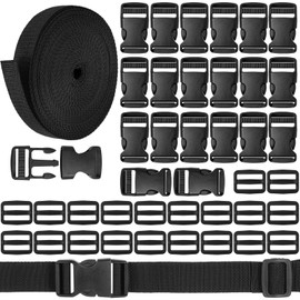 REJOECE Nylon Webbing Strap, 15M x 25mm Straps with Buckles, 20 Pcs Adjustable Buckles and Tri-Glide Slides, Backpack Chest Strap, Heavy Webbing Buckles for Backpack DIY Crafts Dog Collar