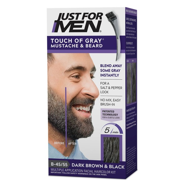 Just For Men Touch of Gray Mustache & Beard, Beard Coloring for Gray Hair with Brush Included for Easy Application, Great for a Salt and Pepper Look - Dark Brown & Black, B-45/55, Pack of 1