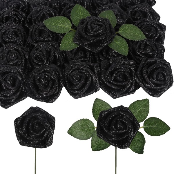 Uznaeoi Black Glitter Roses,50PCS Fake Roses 2.76" Foam Flowers Artificial