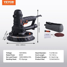 VEVOR Drywall Sander 850W, Variable Speed 800-1750 RPM, Foldable Sheetrock Sander with Telescope Handle, LED Strip Light, Vacuum Bag & Gloves Heavy Duty Power Tools:_800W without Handle