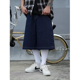 JKUIVE Y2k - Pantalones cortos holgados de pierna ancha para hombre, pantalones rectos de verano hasta la rodilla, Azul, Large