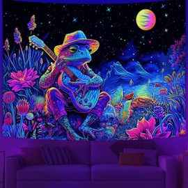 Blacklight Frog Tapestry, Fantasy Neon Funny Frog Guitar Mountain Plant Floral Art UV Reactive Tapestries, Cool Fairytales Galaxy Space Glow in the Dark Tapestry for Bedroom Boys Kids Decor, 60"x40"
