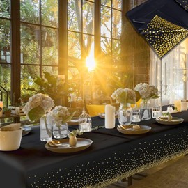 Pack of 2 Tablecloths, Black and Gold Party Tablecloth, Birthday Tablecloth, 137 x 274 cm Waterproof Rectangle Tablecloth for Party, Picnic, Wedding, Birthday
