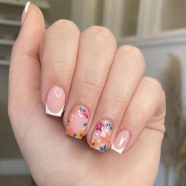 Flower Press on Nails Short Square OFDNE White French Tip Fake Nails False Nails with Designs Colorful Floral Full Cover Glossy Glue on Nails Spring Summer Acrylic Nails for Women Girls 24 Pcs