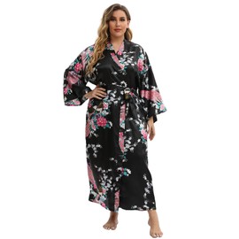 feslieacc Women's Long Silk Robes Plus Size Long Satin Robes Black Floral Long Silk Robes Dressing Gown, Black, 4XL/5XL