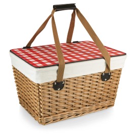 PICNIC TIME Canasta Grande Wicker Picnic Basket, Classic Large Wicker Basket for 2 with Handwoven Willow Design, Removable and Customizable Lid, (Beige Canvas with Red & White Gingham Pattern Lid)