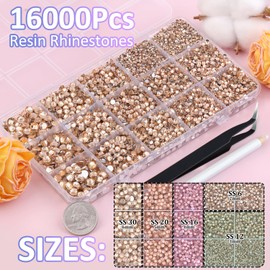 16000Pcs Resin Rhinestones with Tweezers for Crafting, Champagne 2-6mm Mixed Sizes Bedazzling Crystal with 3Pcs 10ml B7000 Jewelry Glue for DIY Crafts Clothing Tumblers Shoes Fabric Nail Art
