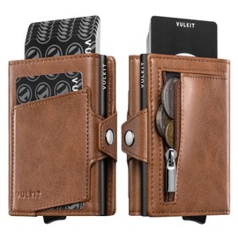 VULKIT Wallet for Men with Pop Up Card Holder 10-12 Cards, Trifold RFID Blocking Credit Card Wallet with ID Window, Cash Slot, Zip Coin Pocket, Minimalist Smart Compact Metal Aluminum Card Case