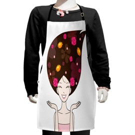 Ambesonne Hair Salon Apron, Anime Inspired Happy Face Woman with Flowers in Her Brunette Hair, Small Apron Bib with Adjustable Ties for Baking Painting, Small Size, Multicolor