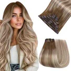Easyouth Clip in Hair Extensions Real Human Hair Balayage Clip in Extensions for Women Dark Brown Ombre Light Brown with Blonde Clips in Real Human Hair Extension for Thinning Hair 20Inch 120G 7Pcs