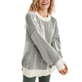 Tomosc Beyond Chenille Sweater for Women 2024 Winter Crew Neck Pullover Sweater Color Block Knit Tops (13W-Black-M)