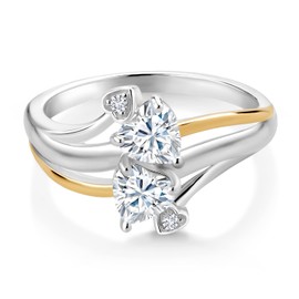 Gem Stone King 925 Silver and 10K Yellow Gold 2 Heart Promise Couple Engagement Mother Lab Grown Diamond Ring Set with Near Colorless (GH) Moissanite (1.02 Cttw) (Size 5)