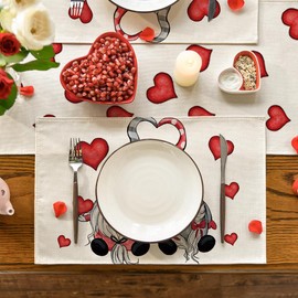 Artoid Mode Love Heart Gnome Valentine's Day Place Mats Set of 4 30 x 45 cm Mother's Day Holiday Placemats Washable Place Mats Kitchen Party Decoration
