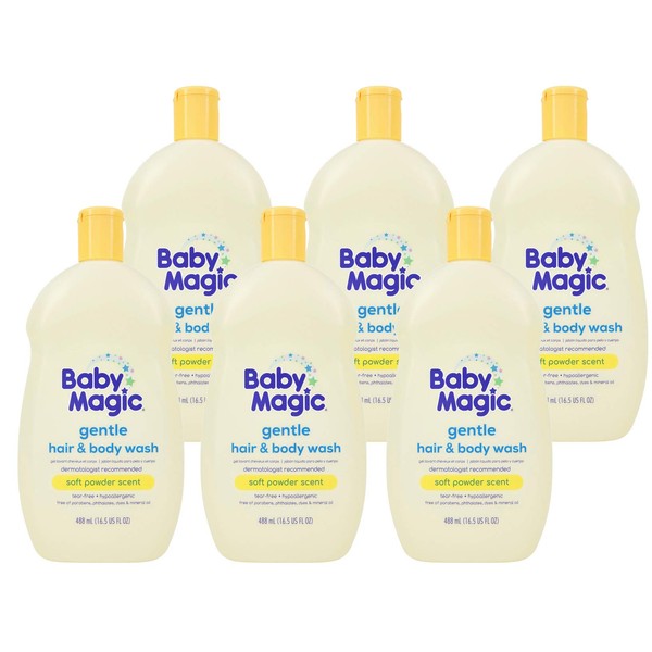 Baby Magic Gentle Hair Body Wash 16.5oz Pack of Calendula Oil Coconut Oil, Yellow, Soft Powder Scent, 6 Count